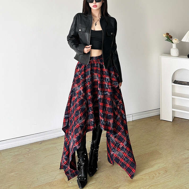 2024 Autumn New Women's Solid Color Zipper Long Sleeve Jacket Fashion High Waist Plaid Skirt 2ba