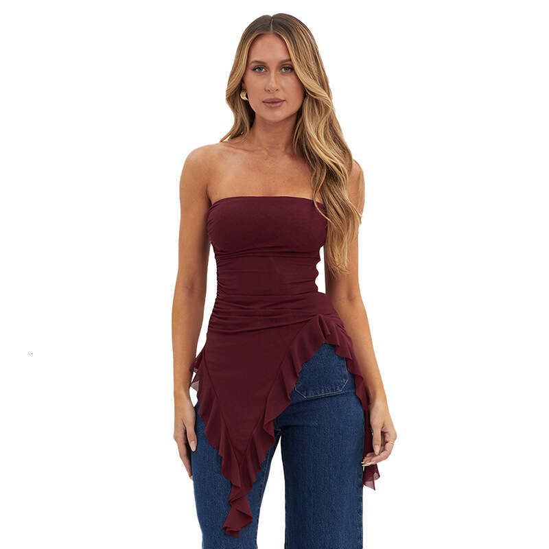 M23tp707 Women's Winter New Mesh Off-Shoulder Tube Top Backless Ruffled Blouse T-Shirt B5