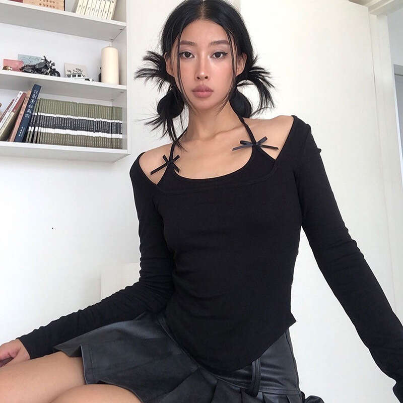 Y23tp571 Women's Fashion Autumn Ins New Solid Color Halter Neck Tie Long Sleeve Bow Top T-Shirt For Women B5