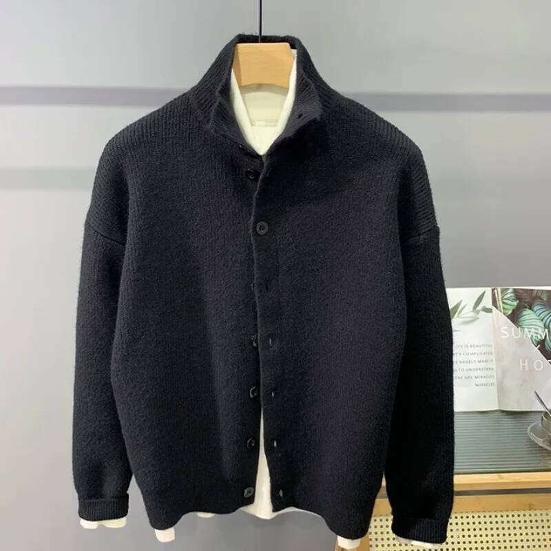 Hip Hop Urban Style Sweater Cardigan Korean Grunge Button Jacket for Men Winter New Half Turtleneck Solid Knitted Coat