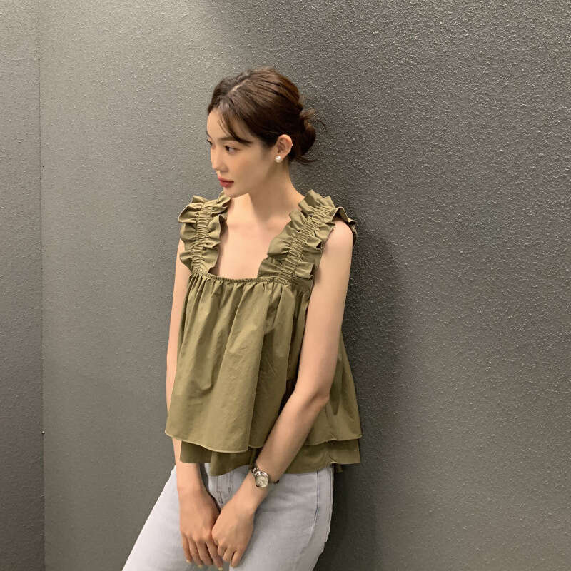 SXZY Summer Korean and Japanese New Loose Slimming Niche Design Front Short Back Long Ruffle Vest Top for Women