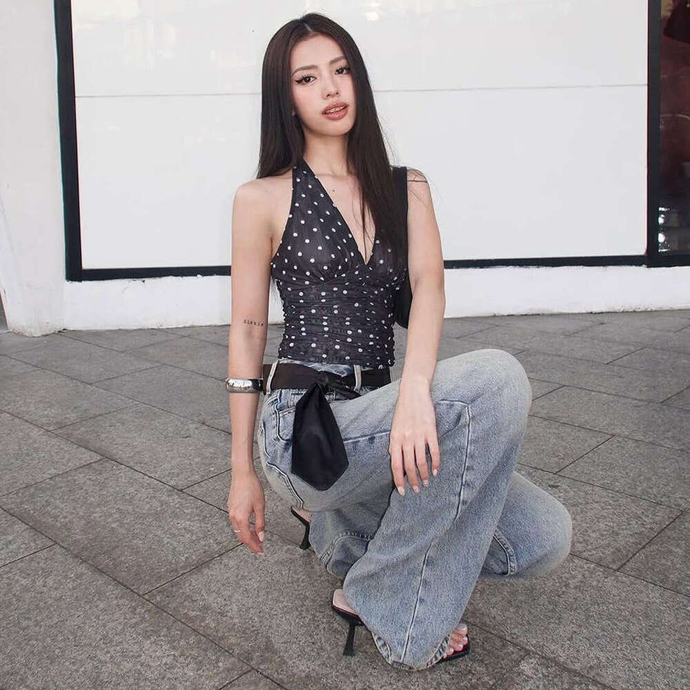 2025 Summer New Black Polka Dot Versatile Backless V-Neck Halter Tie Elegant Women's Top e15