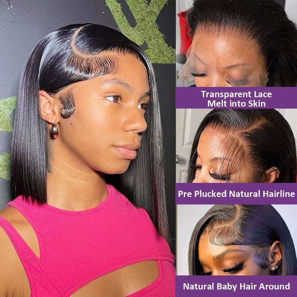 Straight 13X4 Human Hair Frontal 200% Remy Pre Plucked Transparent Lace 4X4 Short Bob Wigs For Women