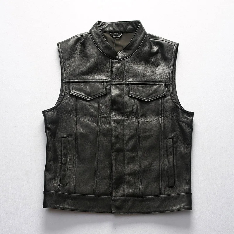 Motorcyclist short Slim undershirt biker men large size vegetable tanned sheepskin vest leather sleeveless coat top 250725