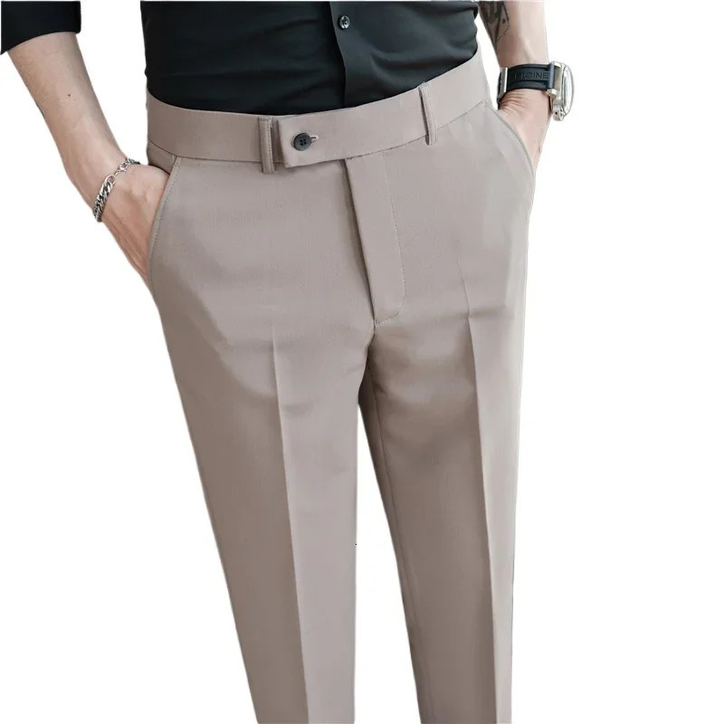 2025 Summer Thin White Elastic Nine Cent Suit Pants for Mengray Blue Fourside Comfortable Drape Mens Casual Trousers 250725