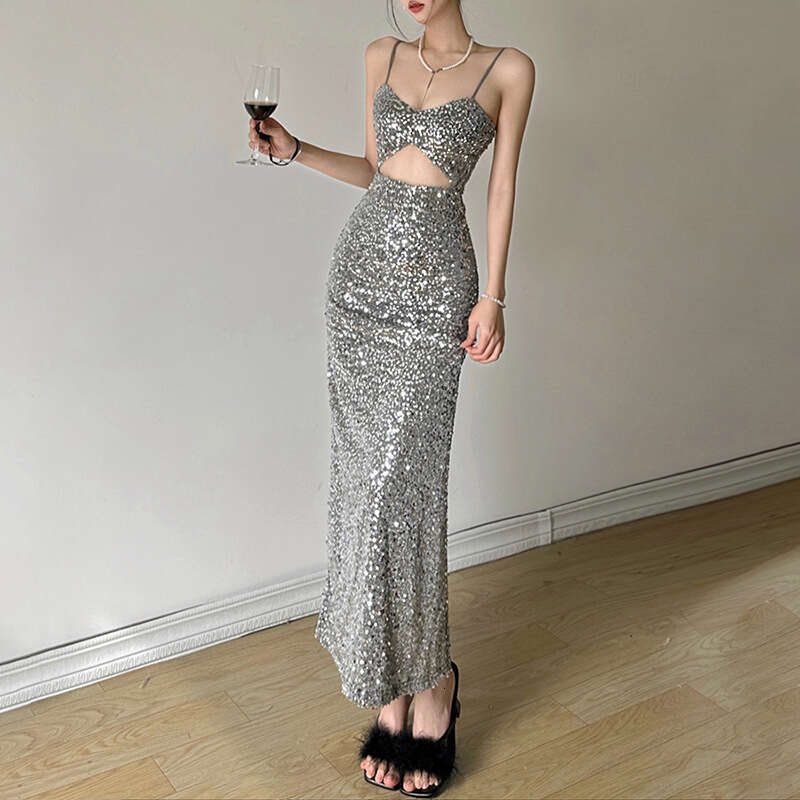 2024 Spring Summer New Women's Solid Color Slim High Waist Fashion Strap Sexy Backless Dress 97d