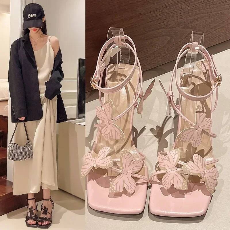 2025Summer Butterfly Women's High Sandals Square Toe Buckle Casual Shoes Elegant Stiletto Heel Ankle Strap Party