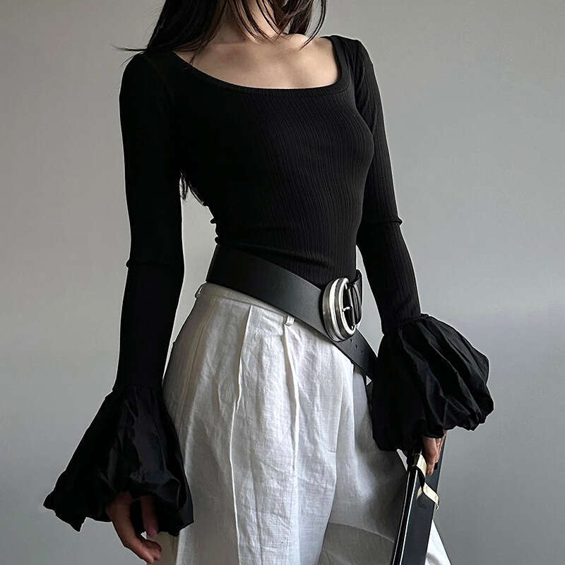 Ytp494 Women's Autumn New Color-Block Off-Shoulder Two-Way Puff Sleeve Top B5