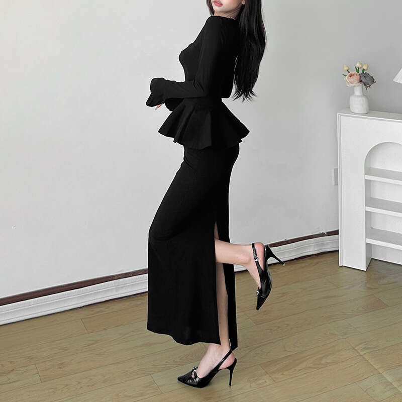 2024 Autumn New Women's Solid Color Slim Street Fashion Square Neck Long Sleeve Split Dress 7ff
