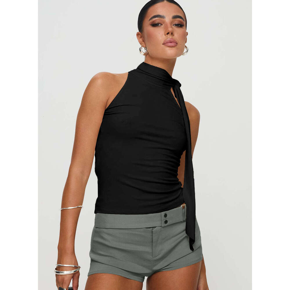 Dtp380 Women's Summer New Solid Color Sleeveless High Neck Tie Ribbon T-Shirt Top B5