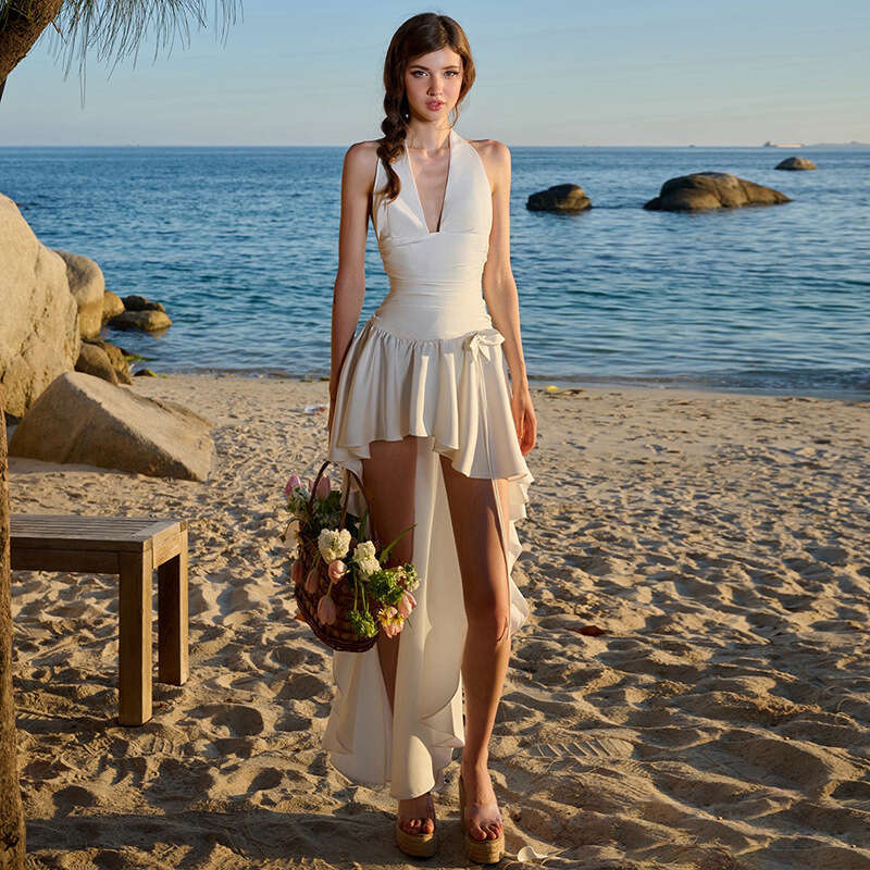 2025 Spring New Women's Solid Color Slim High Waist Fashion Halter Neck Sleeveless Backless Dress 282