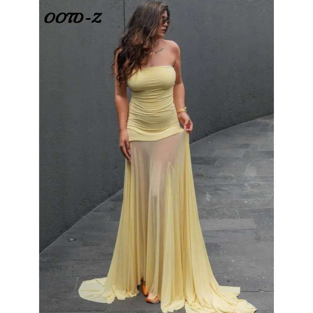 Designer Clothing 2025 Solid Chiffon Tube Top Patchwork Extra Long Floor Length Women Dress Slim Yellow Perspective Robe Summer Beach Holiday Dresses
