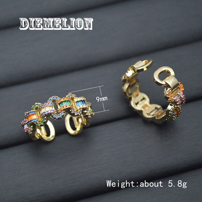 European And American Punk Hip-hop Colorful Designer Jewelry Zircon Ring Hollow Shiny Personality Cuban Chain Luxury Jewelry Ring Gold-plated Color-re
