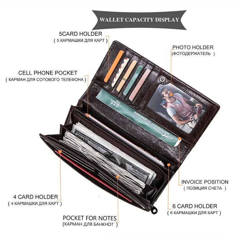 CONTACTS Genuine Leather Men Long Wallets with Zipper Coin Purse Large Capacity Male Clutch Wallet for iPhone Passport Cartera Z250725