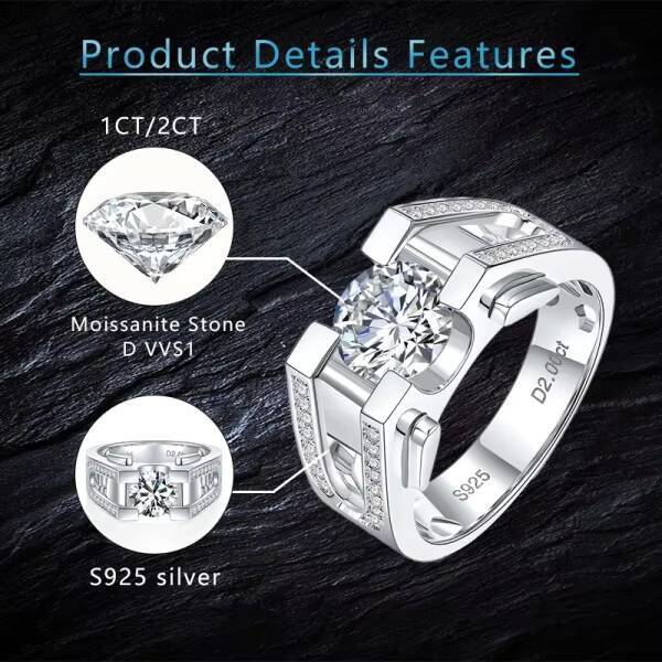 Round Cut Moissanite Men Ring Silver White Gold Men Ring Moissanite Solitaire Band Rings