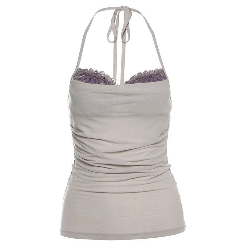 2025 Summer New Sexy Lace Trim Halter Neck Slim Fit Versatile Short Camisole Top Women's Fashion 85f