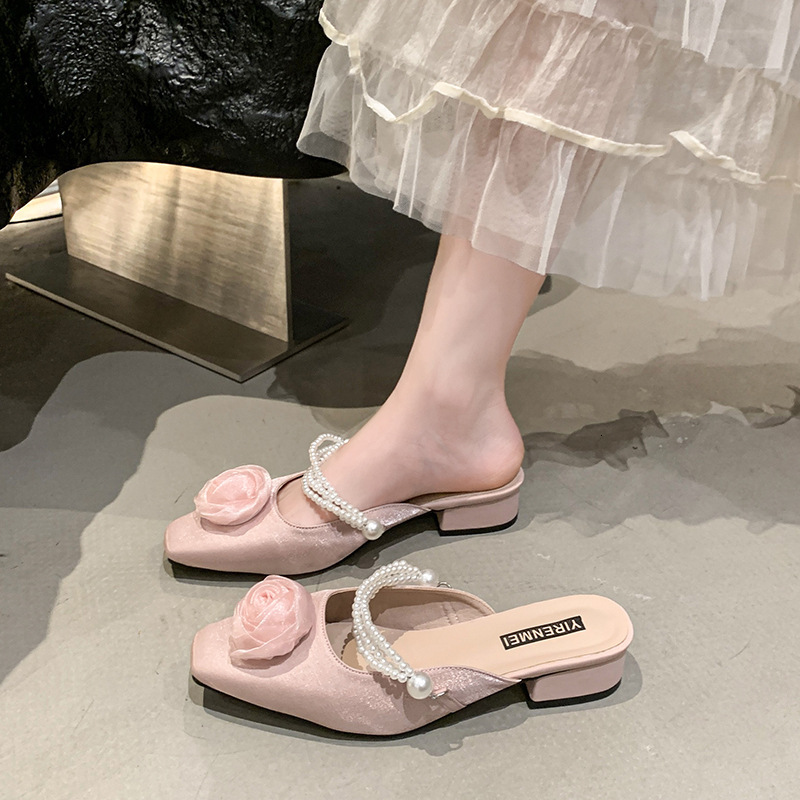 Ddmysports Fairy Style Flower Pearl Sandals For Women Summer Fashion Slip On Closed Toe Outdoor Lightweight Chunky Heel Slippers Outdoor Shoes