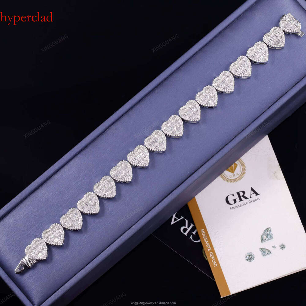 XG Rts Moissanite with GRA Baguettes Dia Heart Sier Gold Plated Cuban Link Chain Fine Jewelry Bracelet