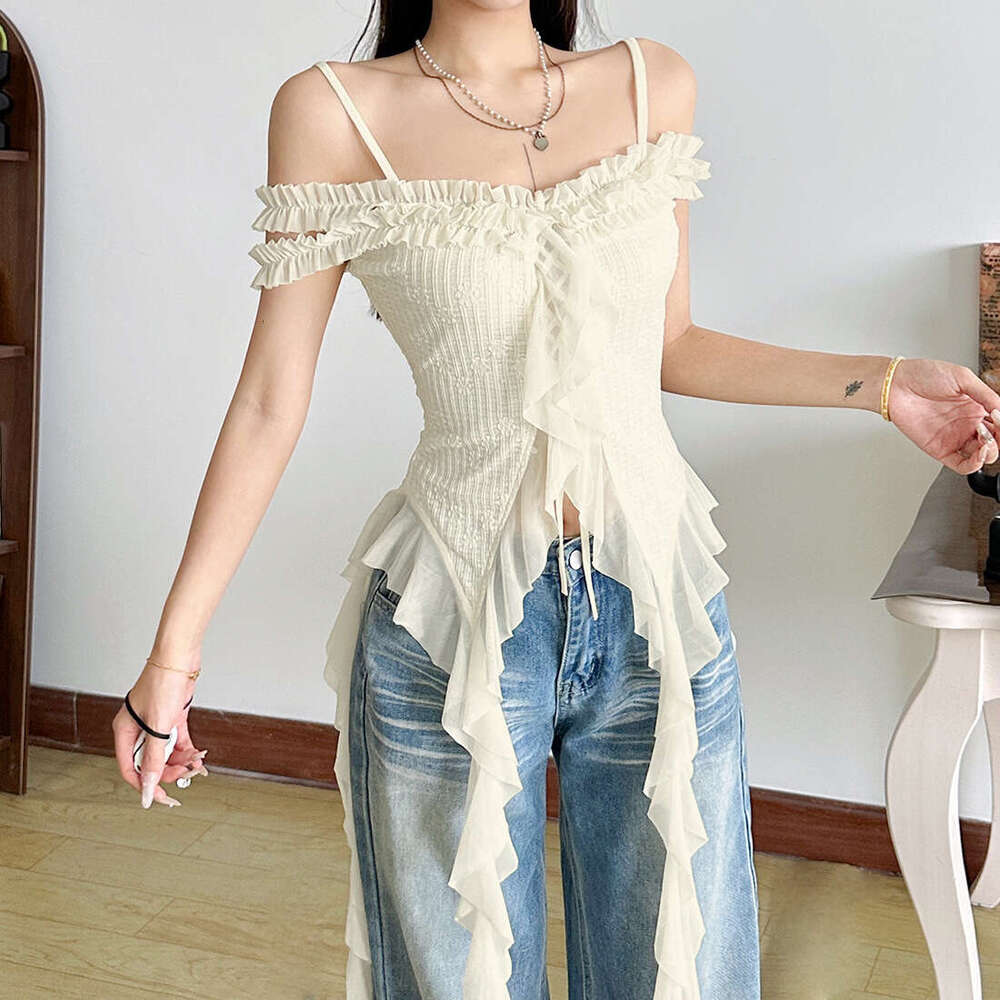 2025 Summer New Solid Color Street Fashion Irregular Ribbon Slim Fit Elegant Versatile Women's Top b63