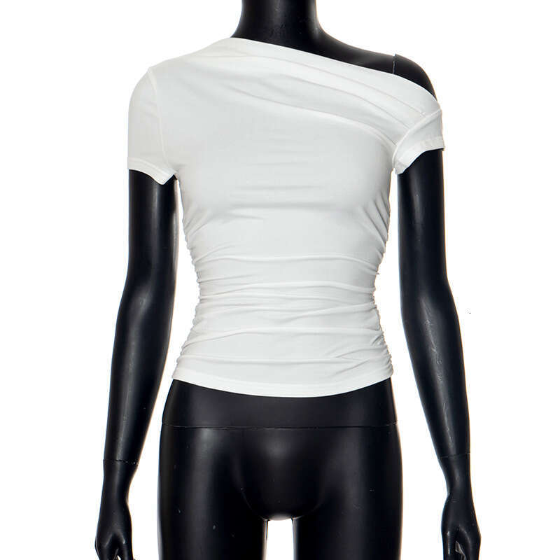 Y23tp747 Women's Spring New Solid Color Off-Shoulder Short Sleeve Ruched Crop Top T-Shirt B5