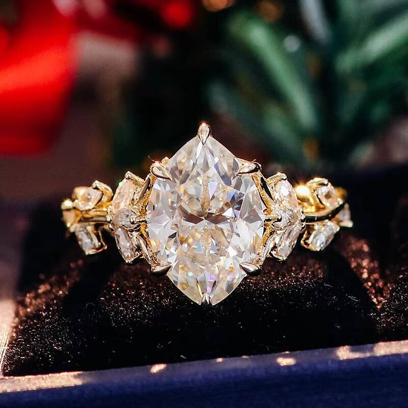Moissanite Jewelry 10k Promise Ring With Fat Marquise Rose Cut Diamond Engagement Ring Leaves Band for Women