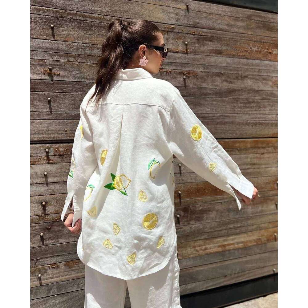 Designer Leisure High Quality Fashion Embroidery Casual Trousers Outfit Spring Women Long Sleeved Lapel Shirt+High Waist Loose Wide Leg Pants Two Piec
