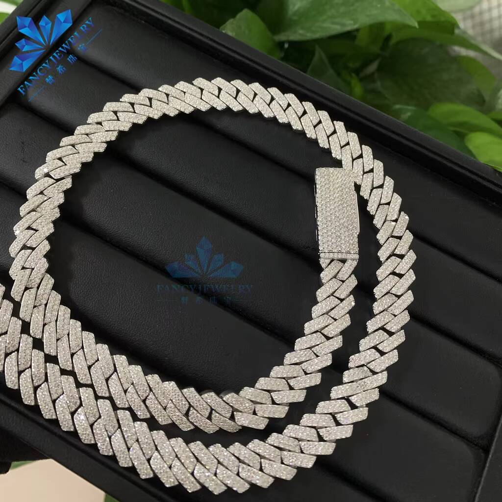 Factory Hot Selling Hip Hop Cuban Link Chain Iced Out Vvs Moissanite Jewelry 8mm 10mm 12mm S925 Silver Cuban Chain Necklace