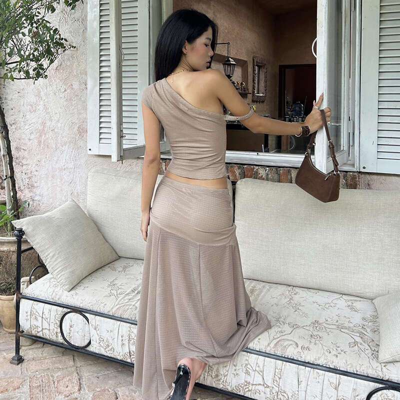 2025 Summer New Sexy Off-Shoulder Crop Top High-Waisted Mesh Patchwork Long Skirt Set for Women 951