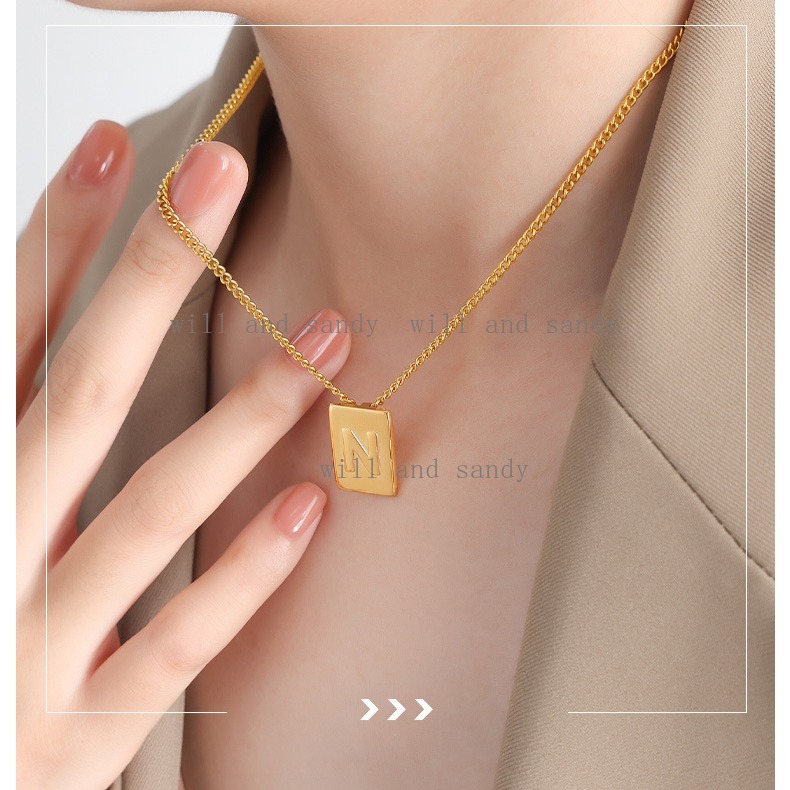 Waterproof 18k Gold Square English Letter Pendant Necklace Designer Jewelry Charm Stainless Steel Chain Alphabet Initial Name Necklaces for Women Fine