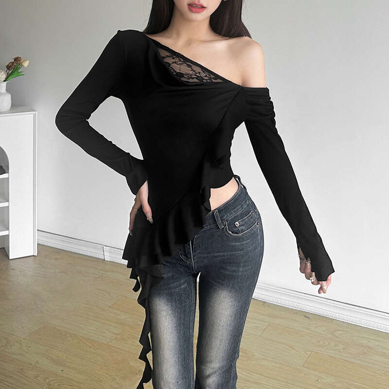 2024 Autumn New Women's Solid Color Slim Street Fashion Asymmetrical Neck Long Sleeve Backless Top 3c8