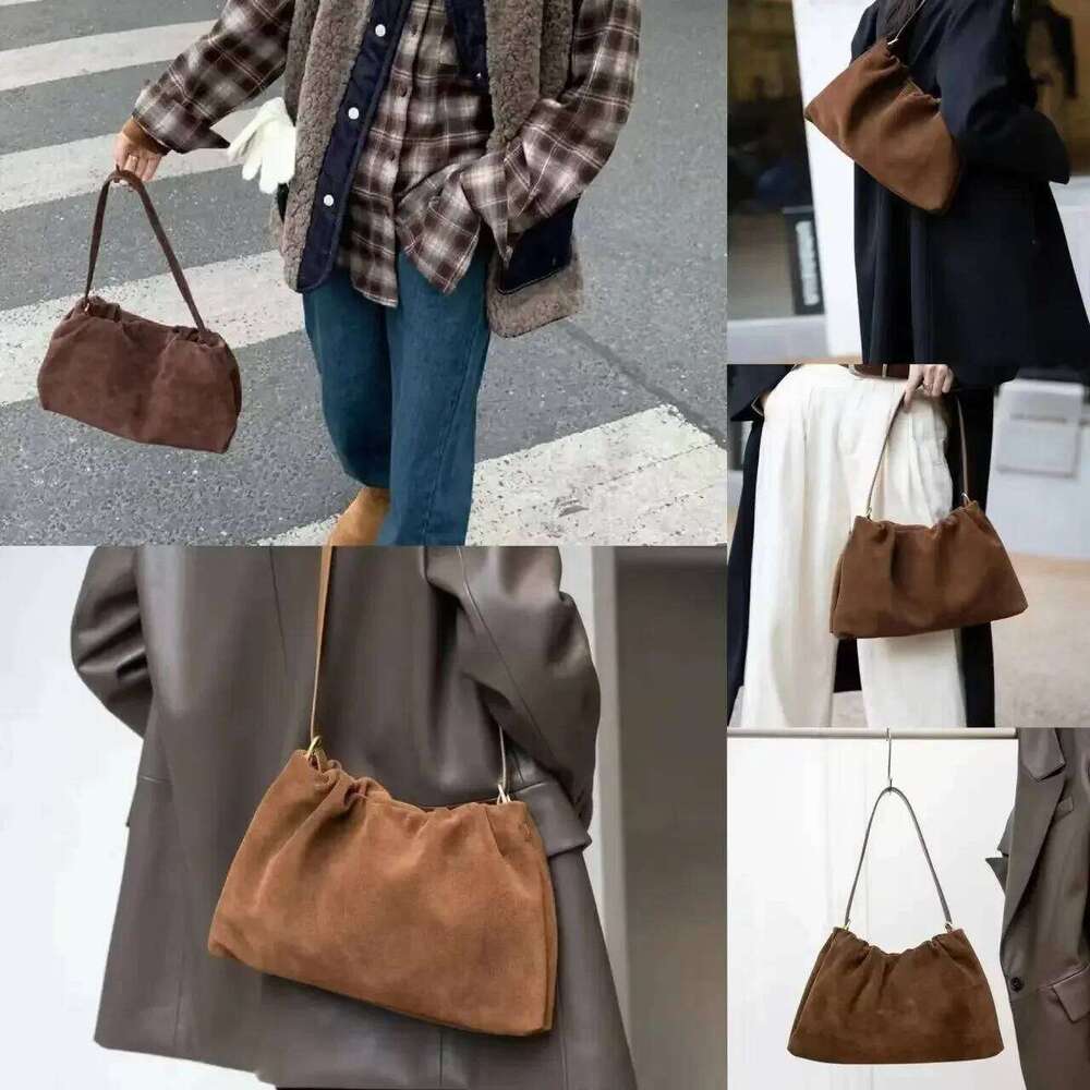 Ruched Korean Kakhi Coffee Designer Armpit Shoulder Bag 2 Straps Real Matte Suede Cow Leather Women Handbag 2025 Chamois Tote 25075-26