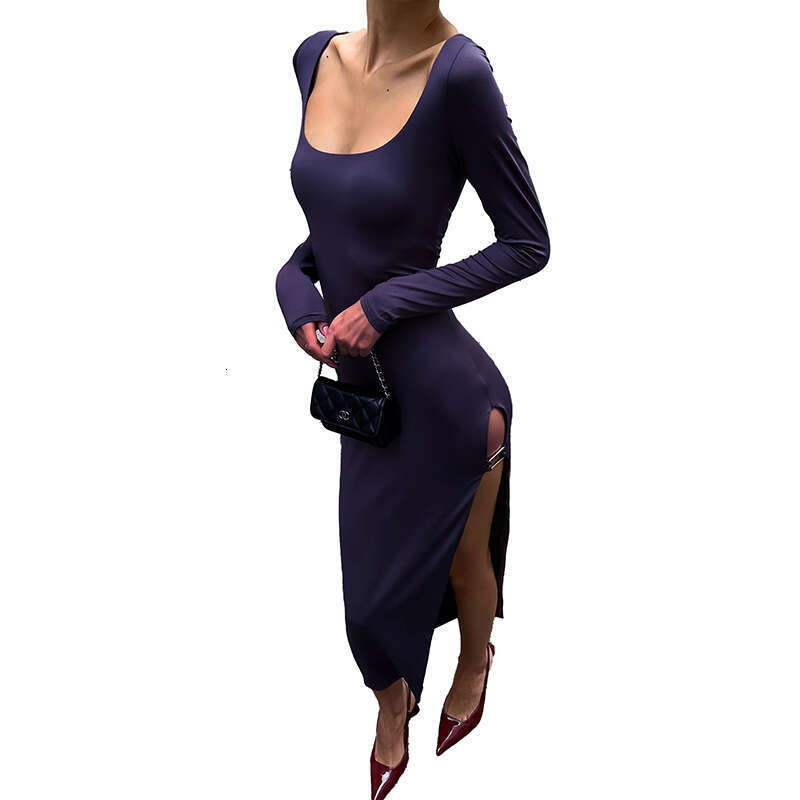 Reorder Link--Women's Autumn New Solid Color Square Neck Slit Sexy Long Sleeve Casual Dress B5