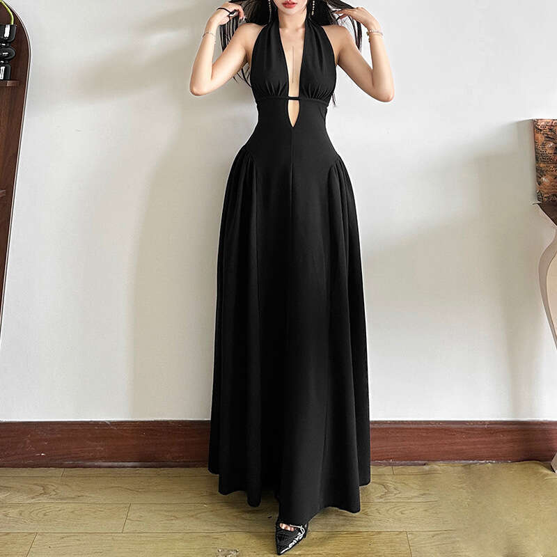 2025 Sexy Deep V Neck Halter Summer New Solid Color Sleeveless Waist Slimming Bodycon Dress for Women cb6