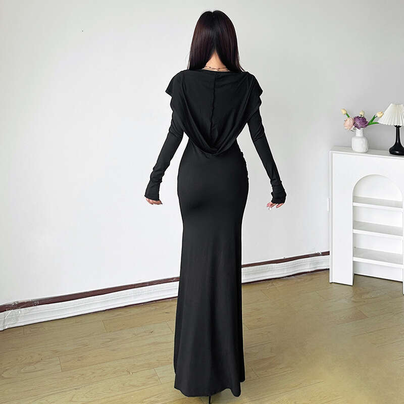 2024 Autumn New Women's Solid Color Slim High Waist Street Fashion Hooded Long Sleeve Dress de9