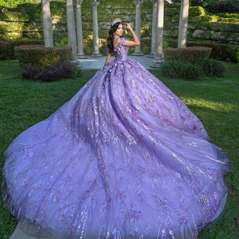 Lavender Shiny Quinceanera Dresses Off Shoulder Ball Gown Sweet 16 Dress Sequin Applique Flower Beads Tull Birthday Party Vestidos 15 Anos