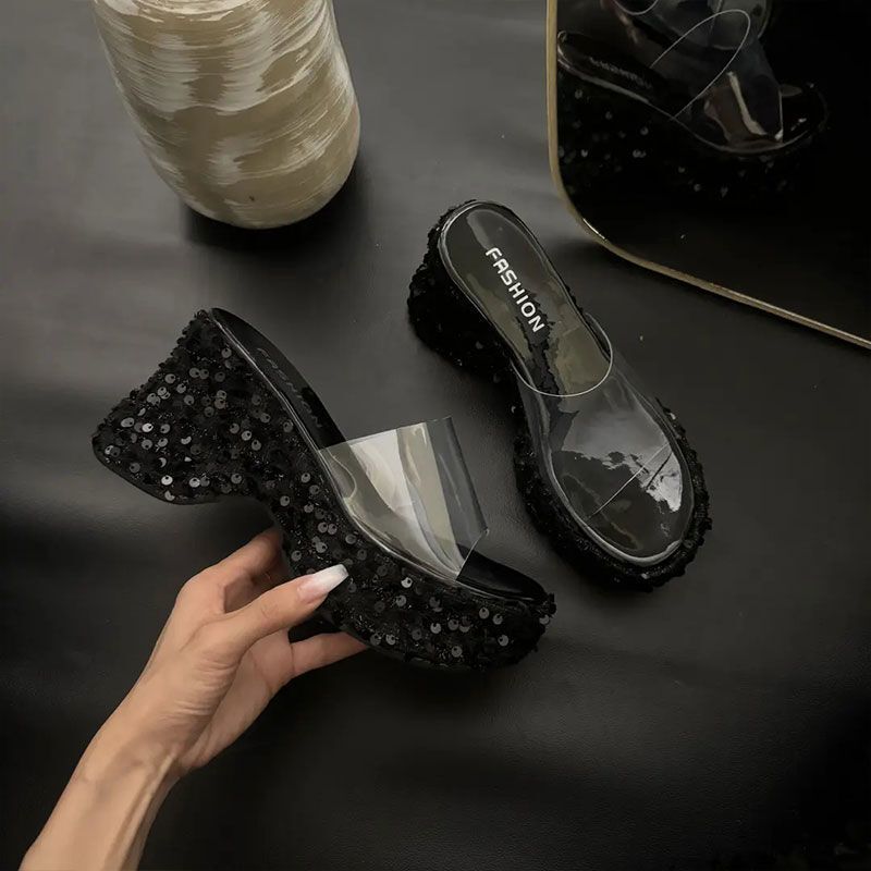 Summer Versatile Casual Thick-Soled Slippers Fashion Sequin Transparent One-Strap Women's Square-Toe Wedge High-Heel Sandals ddmythur