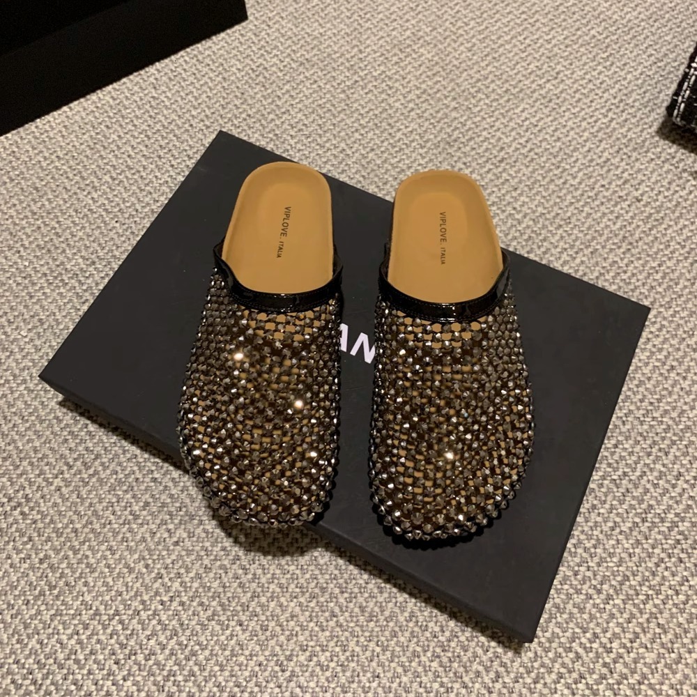French Style Rhinestone Thick-Soled Closed-Toe Mules for Women Summer 2025 New Korean Version Slip-On Flat Sandals ddmythur