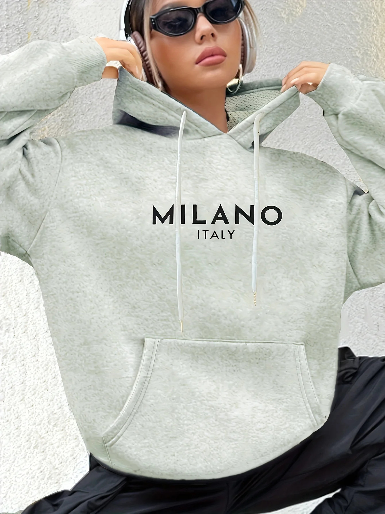 Milano Italy Polyester Hoodie for Women Alphabet Print Casual Long Sleeve Sweatshirt with Pocket Fashionable Hooded 250725