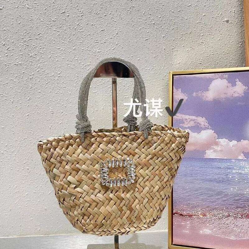 Summer Travel Vacation Handmade Woven Grass Beach Dia Shining Vegetable Basket Shopping Handheld Bag