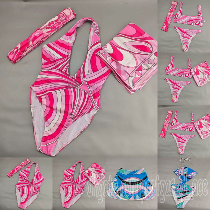 Luxury Color Block Tanikinis Swimwear Women Designer Sarong Dress Scarf Head Tie Summer Beach Vacation Yacht Resort Wear Brand Pink Halter Swimsuit Bikinis