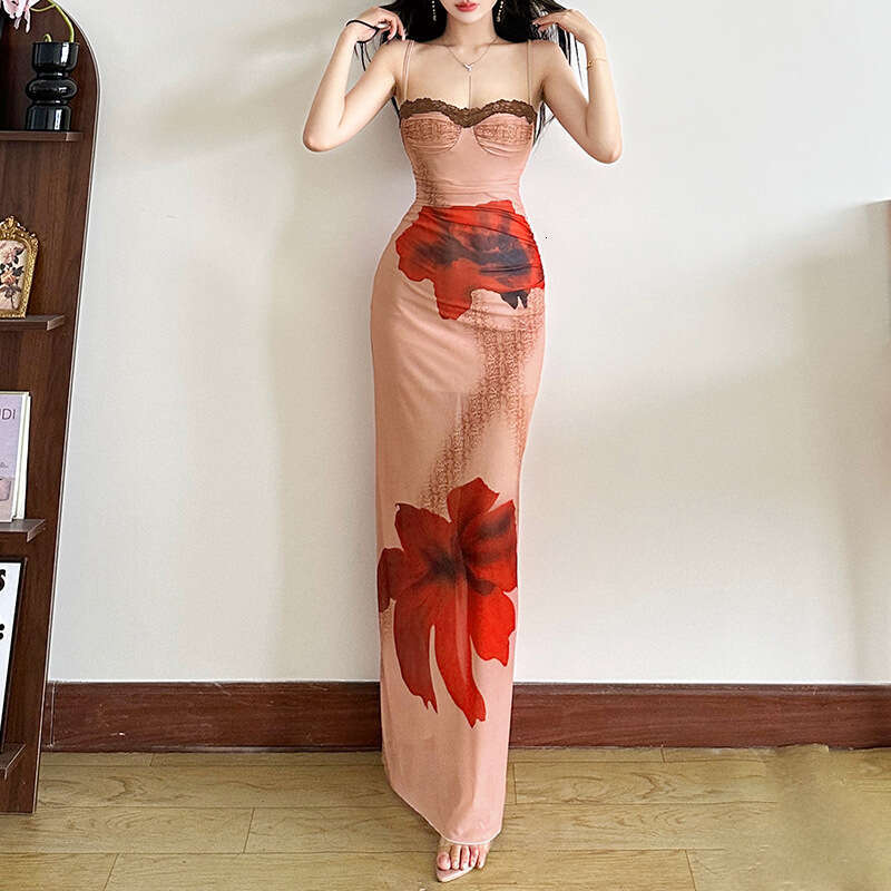 2025 Summer Ins Style Plant Print Slim Sleeveless Backless Slimming Color Block Lace Strap Long Dress for Women 2a1