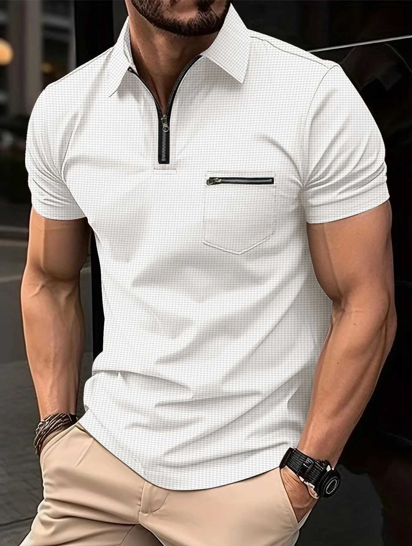 Mens Casual Summer Short Sleeve Polo Shirt Office Fashion Lapel Zipper Pocket T-Shirt Mens Breathable Polo Shirt Mens Top XJ250725