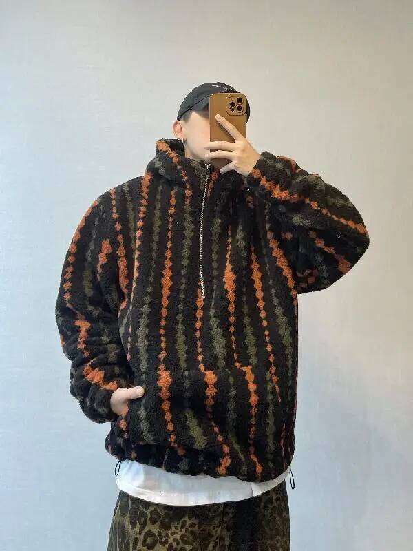 Autumn Winter Plus Size Men Hooded Coats Vintage Faux Lamb Fur Jackets Half-Length Zipper Warm Outwear