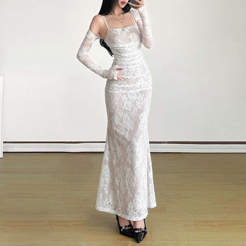 Women's 2024 Autumn Winter New Fashionable Sexy Elegant Mermaid Court Square Neck Lace Fashion Dress bff