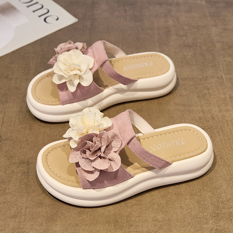 Ddmysports French Style New Women S Sandals Summer Thick Sole Sweet Flower Slippers Outdoor Fashion Versatile Wide Foot Roman Shoes Outdoor Shoes