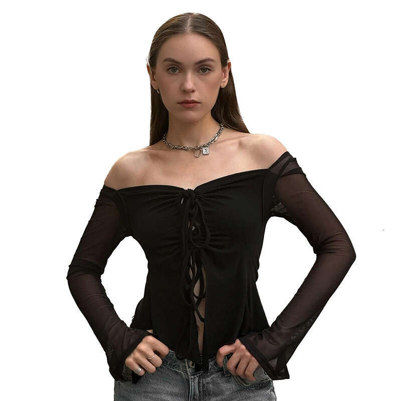 Qtp479 Women's Autumn New Solid Color Off-Shoulder Sexy Mesh Patchwork Long Sleeve Top B5