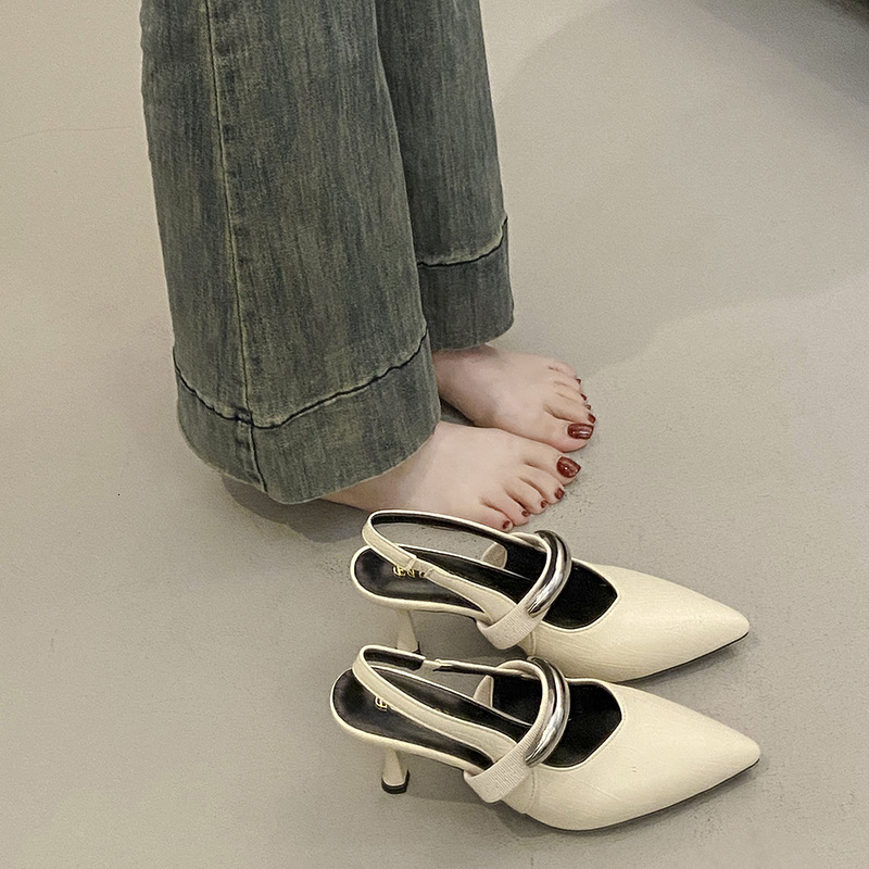 Ddmysports French Style Pointed Stiletto Heels With Silver Buckle For Women Spring Summer New Fashion Closed Toe Backless Sandals Outdoor Shoes