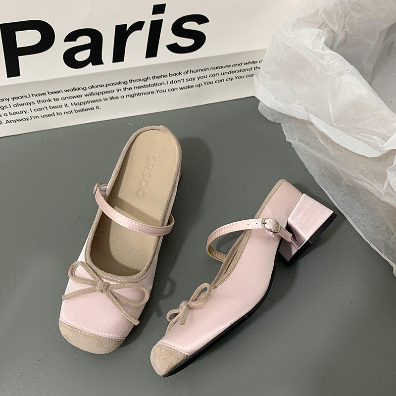 Ddmysports Silver Mary Jane Half Outdoor Summer French Style Chunky High Heel Bowknot Loafers Slippers For Women Outdoor Shoes