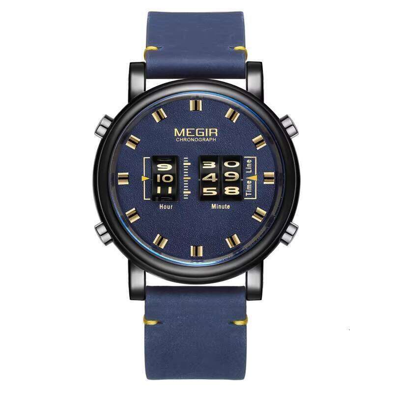 DHgargets MEGIR Men's Roller Watch - Unique Digital Display, 30M Waterproof, Leather Strap, Fashion Wristwatch