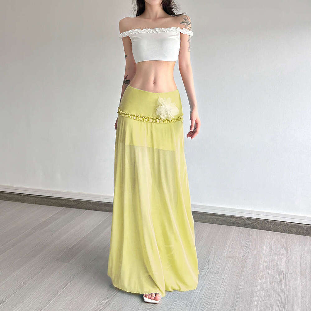 2025 Summer New Mesh Elegant Slim High Waist Three-Dimensional Flower Versatile Breathable Women's Skirt f12